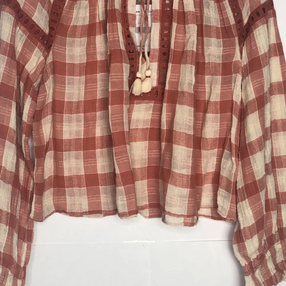 NWT Free People Honey Grove Rust Plaid Blouse